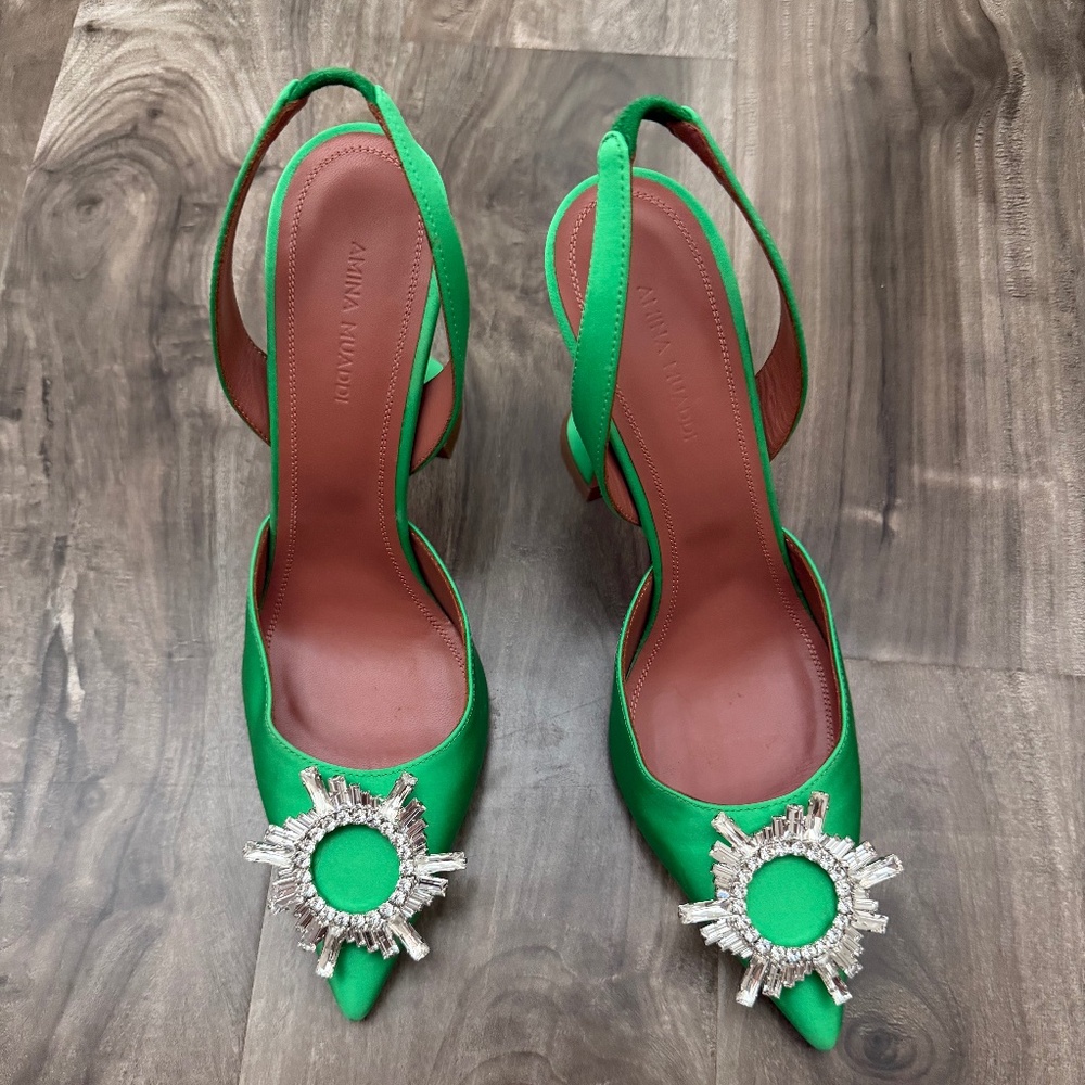 Amina Muaddi Emerald Satin Heels with Crystal Embellishments